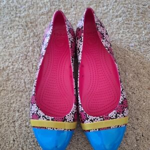 CROCS Women's Floral Flats - Blue, Pink, and Yellow